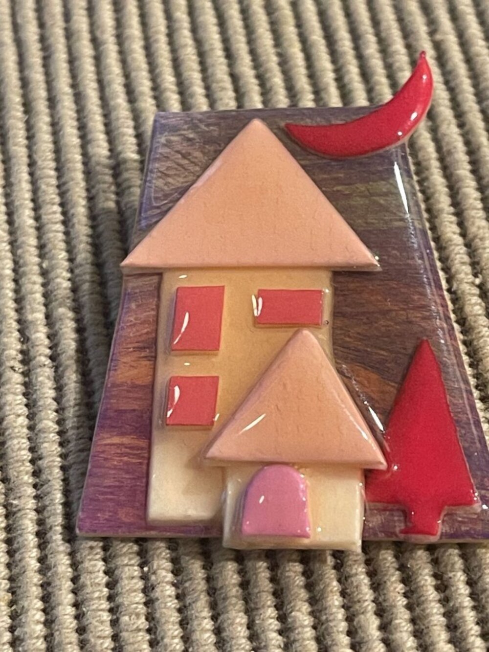 Vtg Lucinda House Brooch Pin With Red Moon Tree & Whimsical Home Design - Unique